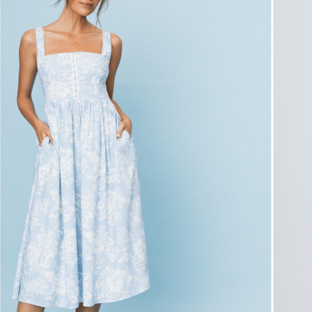 Sleeveless Light Blue Floral Square-Neck Midi Dress